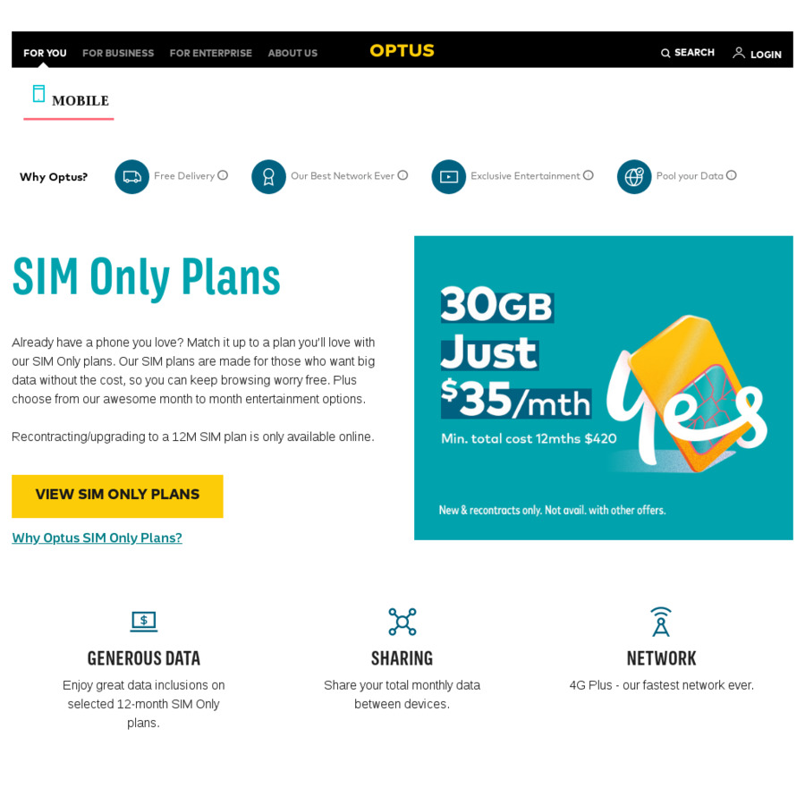 Optus - SIM Only Plans - $45/50GB Data, $55/80GB Data Per Month (12