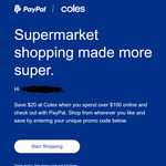 $20 off $100 Spend at Coles with Code & Paying with PayPal