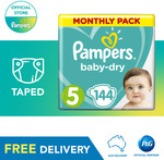 Pampers Baby-Dry Taped Nappies Size 5 Walker, 144 Pack, 11-16kg, Monthly Pack $35 Delivered @ Officialpgstore eBay