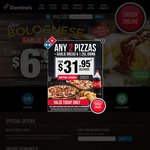 Domino's Codes: 2 Pizzas 1 Garlic Bread 1 1.25l Drink $28.95 Delivered, 2 Sides for $5