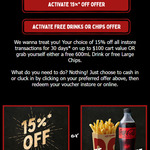 15% off All Instore Transactions (up to $100 Cart Value) or Free 600ml Drink or Large Chips @ Red Rooster (Reward Member Only)