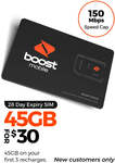 $30 Boost Prepaid SIM with 28-Day Expiry (45GB Data on First 3 Renewals) $9 Shipped (New Customers Only) @ Boost Mobile