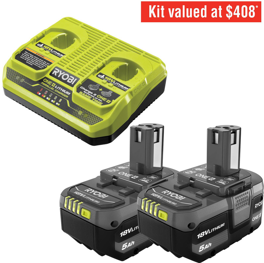 Ryobi ONE+ 18V Twin 5Ah Starter Kit (2 Batteries & Dual Port Charger ...