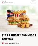 2 Zinger Combo Meals, 10 Nuggets & 2 Sauces for $14.95 (Online or App Only, 1 Redemption Per Account) @ KFC