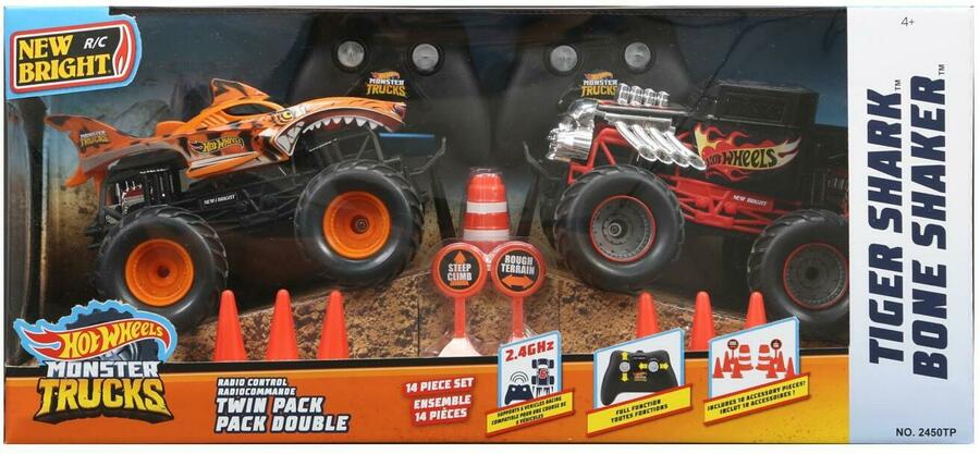 Hot Wheels Radio Control Monster Trucks Twin Pack Bone Shaker and Tiger  Shark