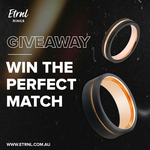 Win a Men’s Black with Rose Gold Accent Tungsten Ring, a Women’s Grooved Tungsten Ring and a Ring Box from Etrnl