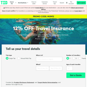 12% off Travel Insurance @ Travel Insurance Direct
