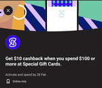 Special Gift Cards: Get $10 Cashback When You Spend $100 @ Commbank Yello (Activation Required)