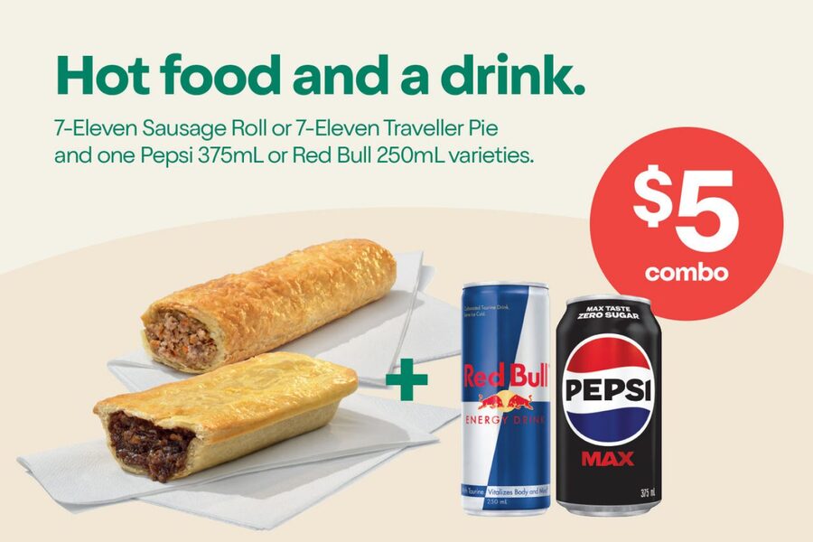 7-Eleven Sausage Roll or Traveller Pie + One Pepsi 375ml or Red Bull ...