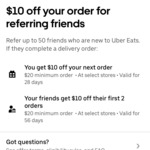 Referee Gets Two $10 Discount on Minimum $20 Orders, Referrer Gets $10 off @ Uber Eats