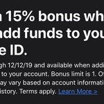 Bonus 15% When You Add Funds to Your Apple ID or iTunes Account (Stack with AmEx Statement Credit)