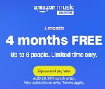 Amazon Music (New Customers): Free 4 Months  Unlimited Family (6 Users, $20.99/M After), Unlimited ($12.99 After) @ Amazon AU