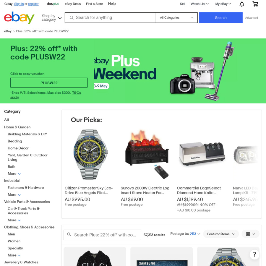 15 off Eligible Items, 22 off for eBay Plus Members (Max 300