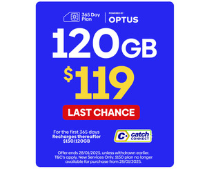 Catch Connect 365-Day Prepaid Mobile Plan 120GB $109 Delivered (Was $150) @ Catch (New Services)