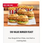 Value Burger Feast (4x Zinger/Original Crispy Burgers & 4x Regular Chips) $18 @ KFC (Online/App & Pickup Only)