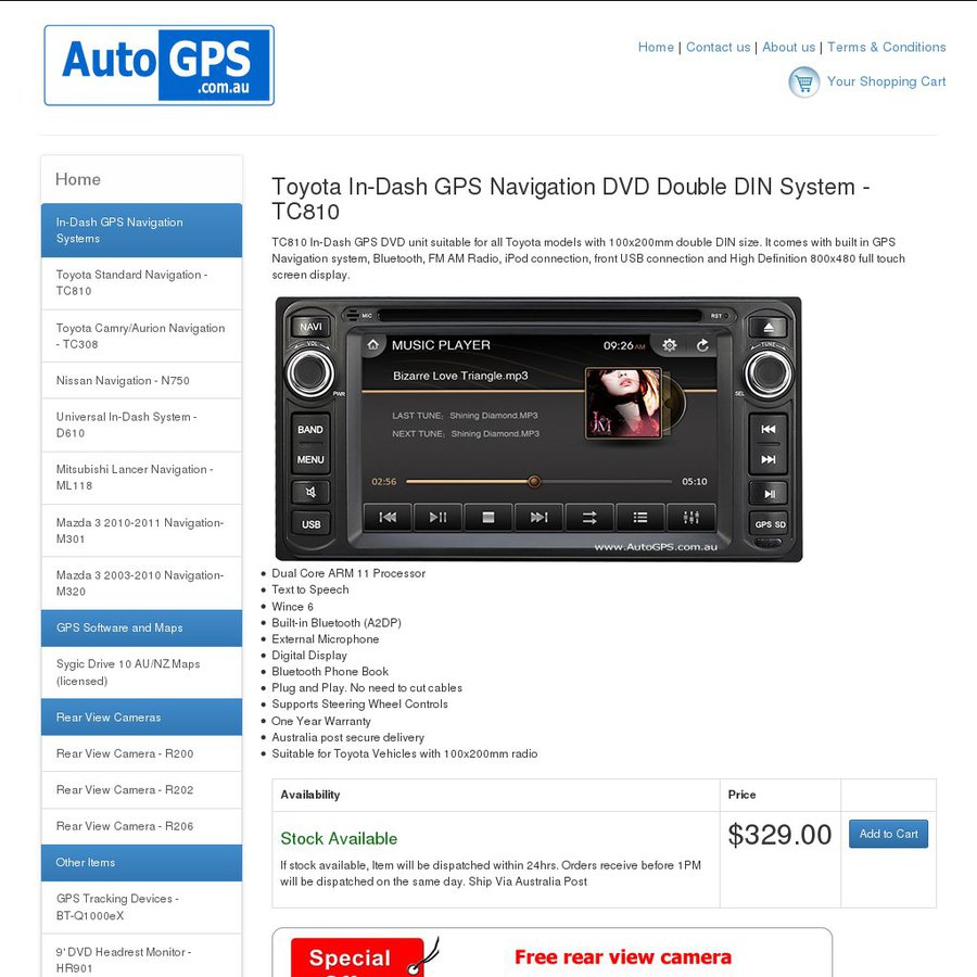 In Dash Navigation System for Toyota TC810 329 with Free Rear View