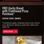 Free Garlic Bread with Traditional Pizza Purchase @ Domino's Pizza