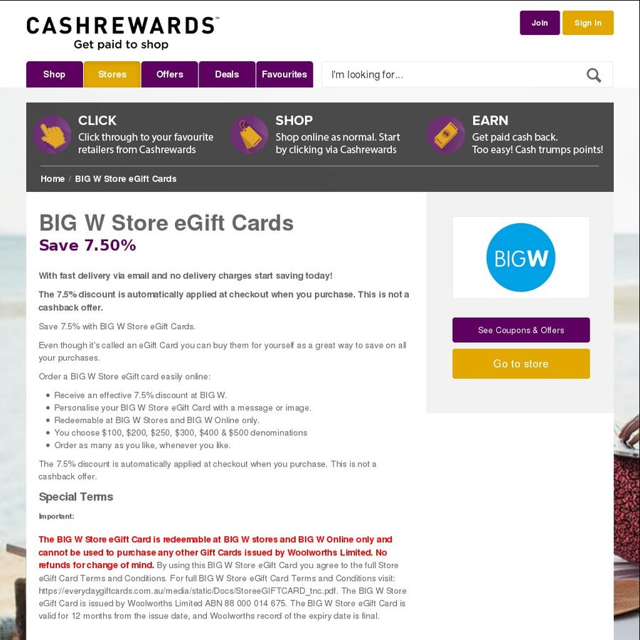 7 5 Off Big W Store Egift Cards Cashrewards Ozbargain - roblox gift card australia big w
