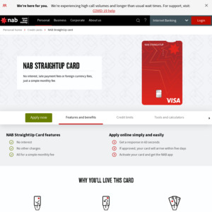 NAB StraightUp Visa Credit Card - No Interest, Late Payment or Foreign Currency Fees (Monthly Fee Applies) @ NAB