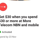 Get $30 Cashback When You Spend $30 or More at More Telecom nbn and Mobile @ Commbank Rewards