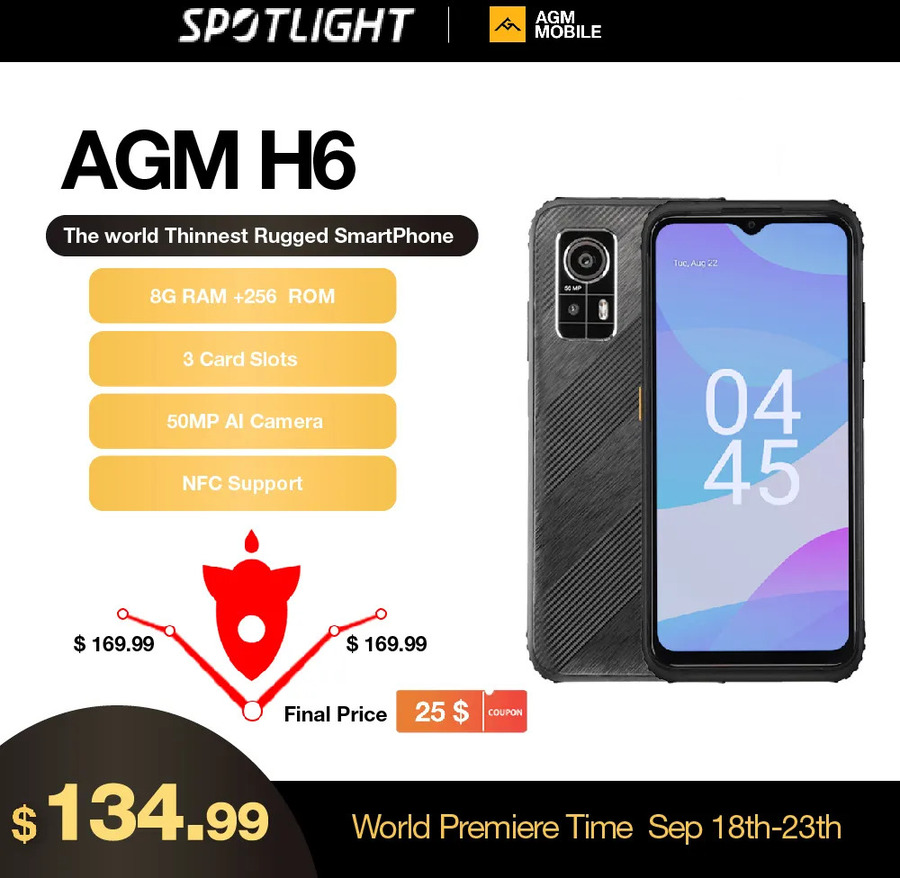 AGM H6 Rugged Phone 8GB RAM/ 256GB HD+ 4900mAh US$134.99 (~A$235.09)  Delivered @ AGM Mobiles Official Store via AliExpress - OzBargain
