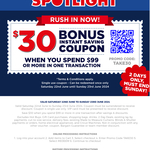 $30 off $99+ Spend (VIP Membership Required) + Delivery ($0 C&C/ in-Store/ $120 Order) @ Spotlight