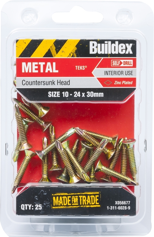 Buildex 10-24 x 30mm Zinc Plated Countersunk Head Metal Tek Screws - 25 ...