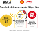 Earn $0.03c Cashback Per Litre of Fuel @ Shell Coles Express via Aura Buy Invest Donate