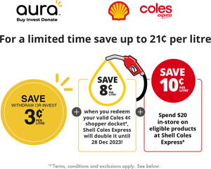 Earn $0.03 Cashback Per Litre of Fuel @ Shell Coles Express via Aura Buy Invest Donate