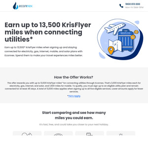 Switch & Stay 45 Days for KrisFlyer Miles: Electricity, Gas, Internet, Solar 3000 / Mobile 1500 @ Econnex (Excl NT, Ergon QLD)