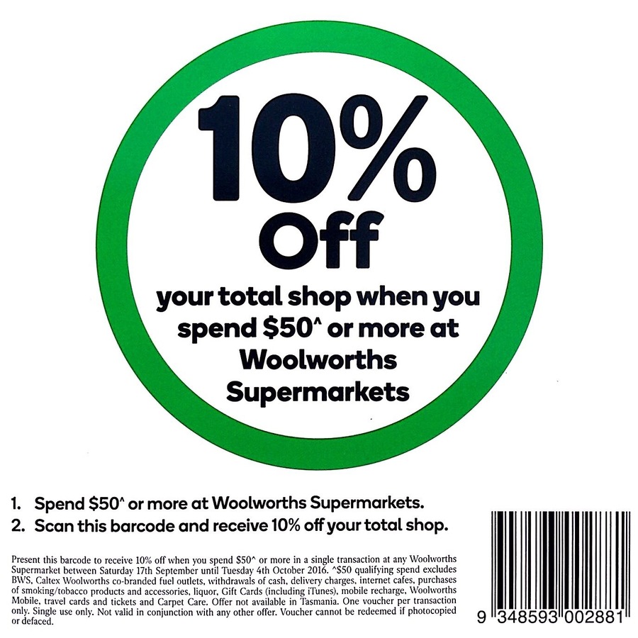 10 off 50+ Spend* Woolworths [InStore Voucher Barcode] [VIC