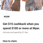 CBA Debit/Credit Mastercard Statement Credit: Spend $100 at Myer & Get $15 Back
