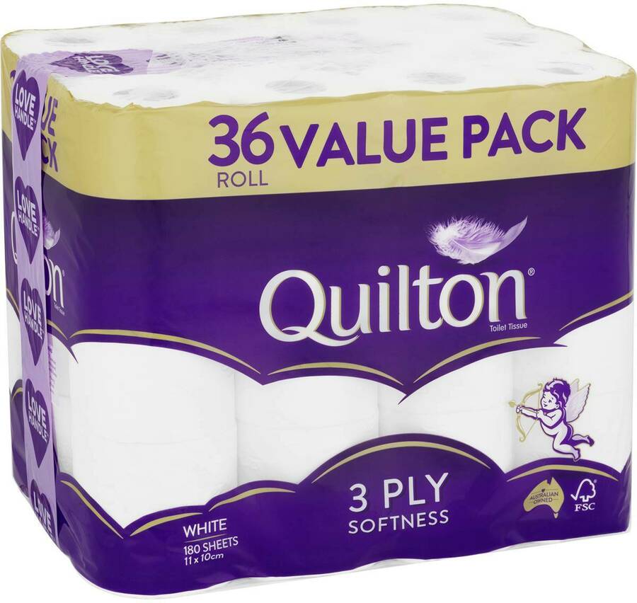 Quilton 3 Ply Toilet Tissue (180 Sheets Per Roll, 11x10cm), Pack of 36