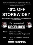 Adidas 40% off Storewide @ Head Office Mulgrave (Vic) by appt for December