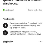 $10 Cashback When You Spend $70 or More at Chemist Warehouse @ Commbank Rewards (Activation in App Required)