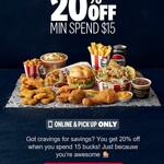 20% off $15 Spend, Pickup Only @ KFC via KFC App