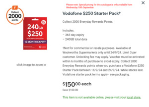 Vodafone $250 240GB 1 Year Prepaid Starter Pack & 2000 Everyday Rewards Points for $150 @ Woolworths (In-Store Only)