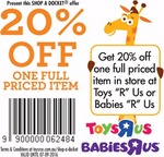 20% off Any Full Priced Item @ Toys "R" Us / Babies "R" Us (WA Stores & Burwood NSW Only)
