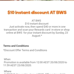 $10 Instant Discount at BWS (Min Spend $40) via Woolworths Rewards (Activation Required)