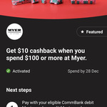 CommBank Rewards: Spend $100 Get $10 Back @ Myer