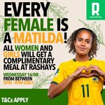Complimentary Main Meal for Women and Girls - 5-9pm Wednesday 16/8 @ Rashays