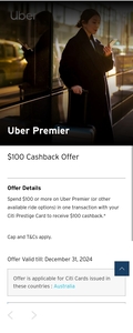 $100 Cashback on $100 Min. Spend on Uber Premier Rides with a Citibank Prestige Credit Card @ Uber