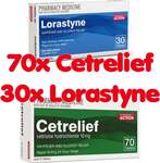 70x Cetrelief (Cetirizine 10mg) + 30x (Short Dated) Lorastyne (Loratadine 10mg) $11.99 Delivered @ PharmacySavings