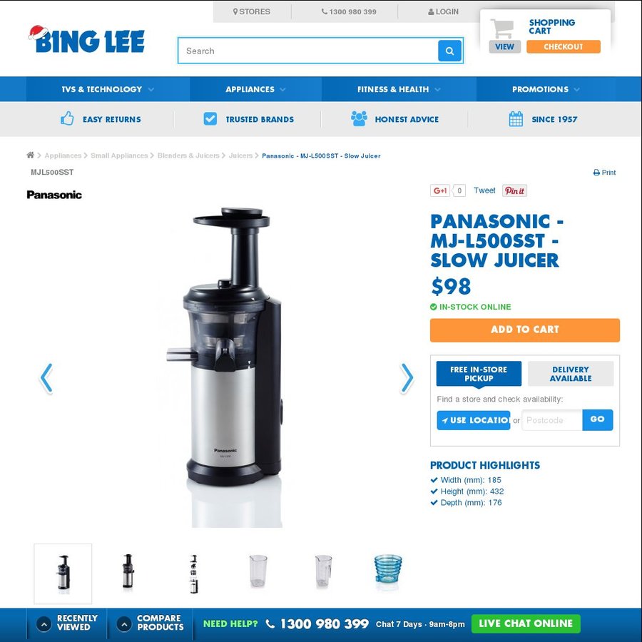 Panasonic - MJ-L500SST - Slow Juicer for $98 (RRP $399) @ Bing Lee ...