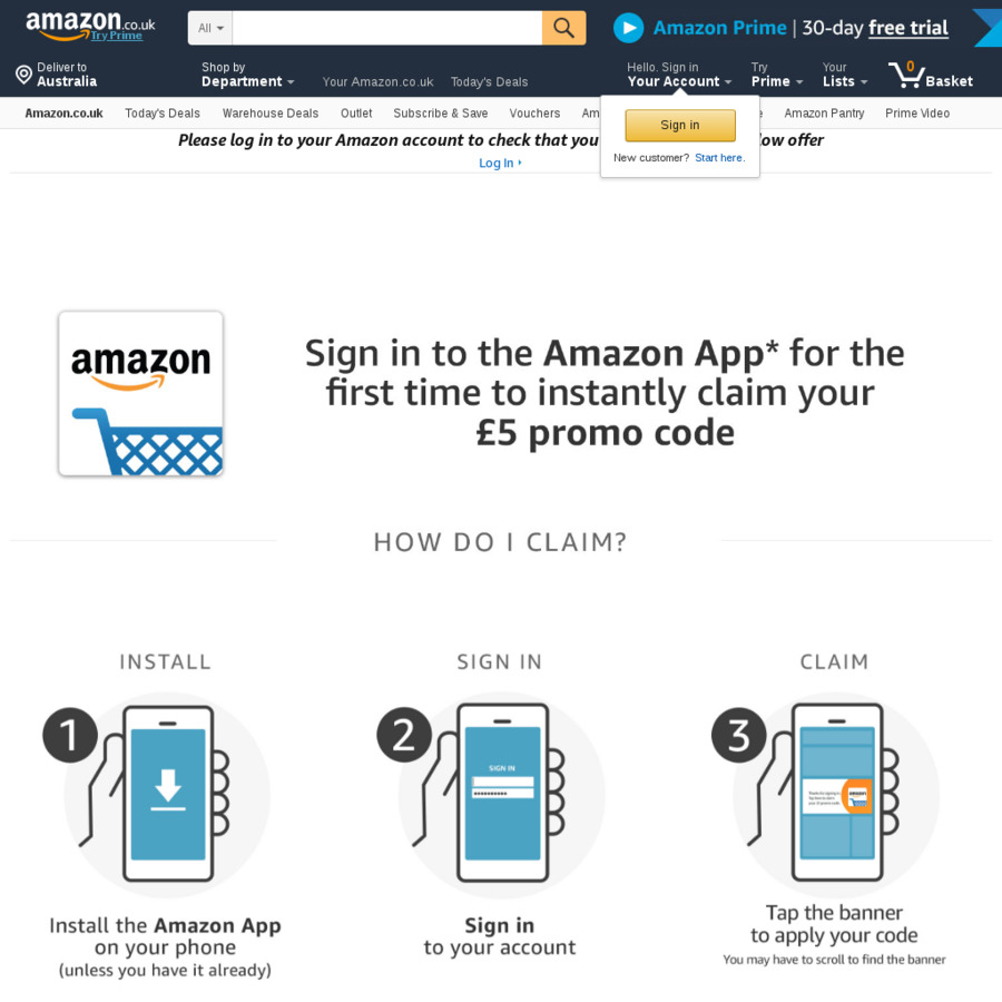 Sign in to The Amazon App (UK) for The First Time to Claim £5 off Promo