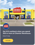 $10 Cashback with $50 Spend at Chemist Warehouse @ Commbank Yello (Activation Required)