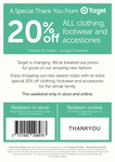 20% OFF ALL Clothing, Footwear and Accessories for The Whole Family @ Target. 