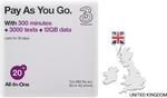 30% off UK/Europe Sim Card ($28 + Post^) - Three PAYG All-in-One 20 + 12GB Data + 300 Mins Calls + 3000 Texts @ FindMyPlan
