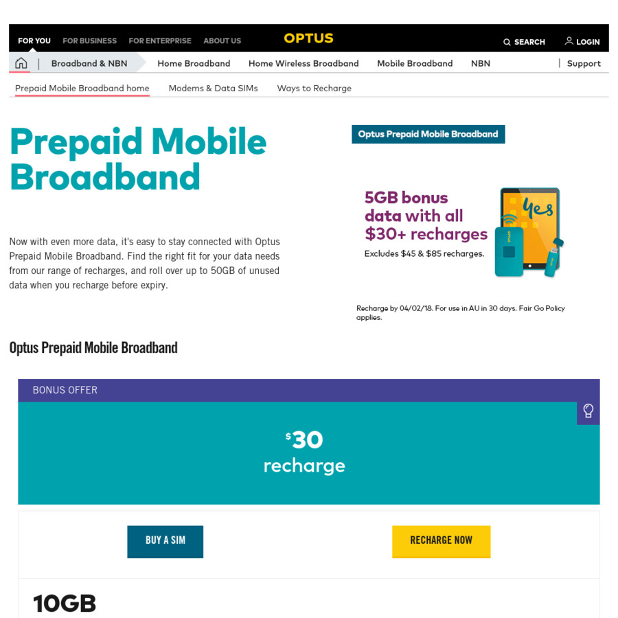 Optus Prepaid Mobile Broadband Bonus 5GB Data on Plans above $30