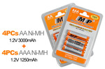 High Capacity MP Rechargeable Ni-MH Batteries, 4x AAA 1250mAh + 4x AA 3000mAh - $9.98